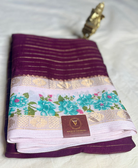 Royal Plum Georgette with Floral Bentex border