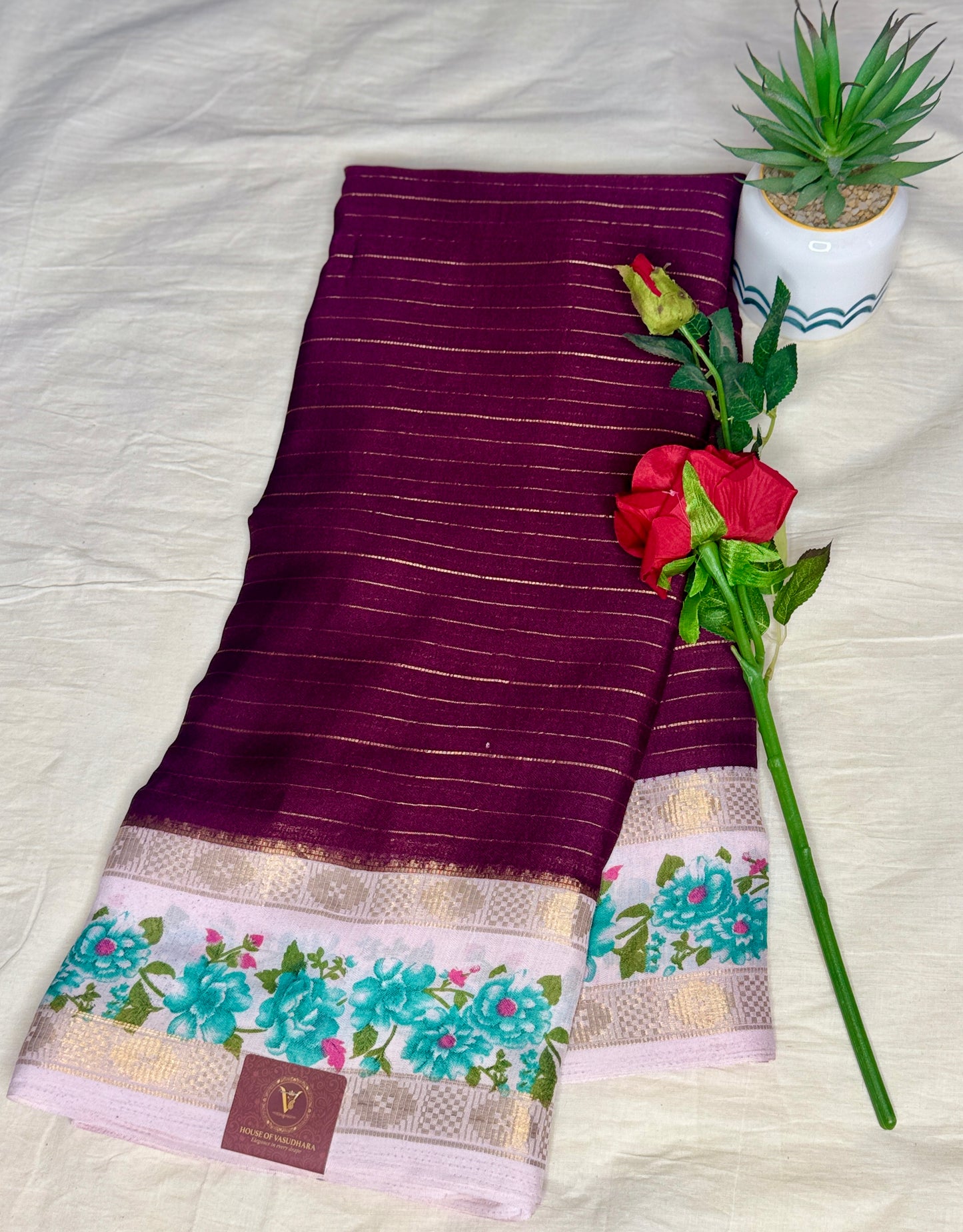 Royal Plum Georgette with Floral Bentex border