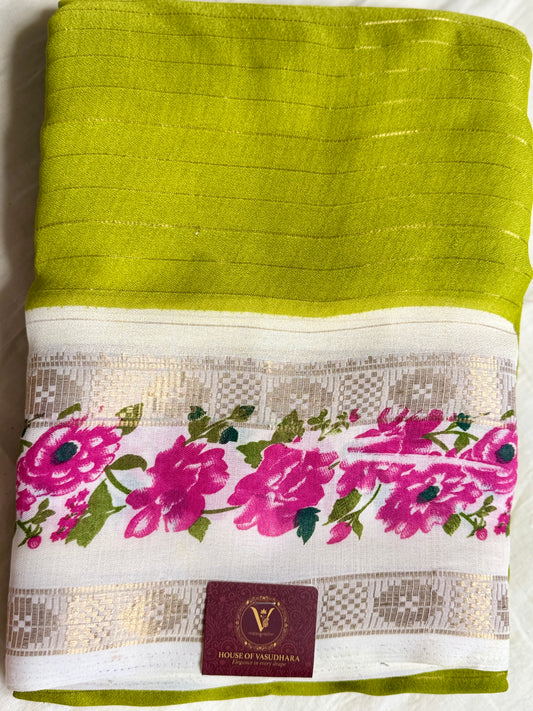 Green Georgette with Floral Bentex border