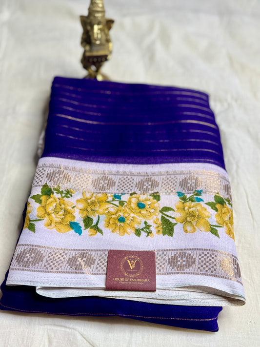 Royal blue Georgette with Floral Bentex border