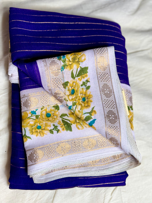 Royal blue Georgette with Floral Bentex border