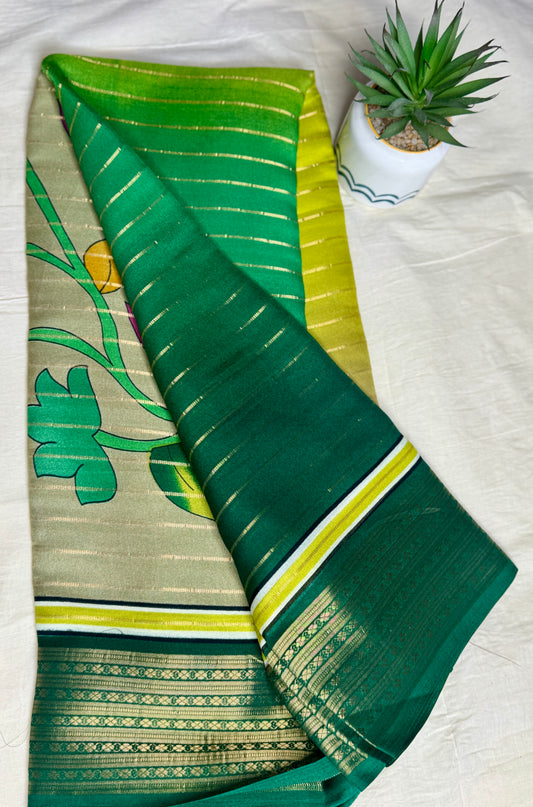 Green & Mustard yellow Ombre Royal stripes Semi Crepe