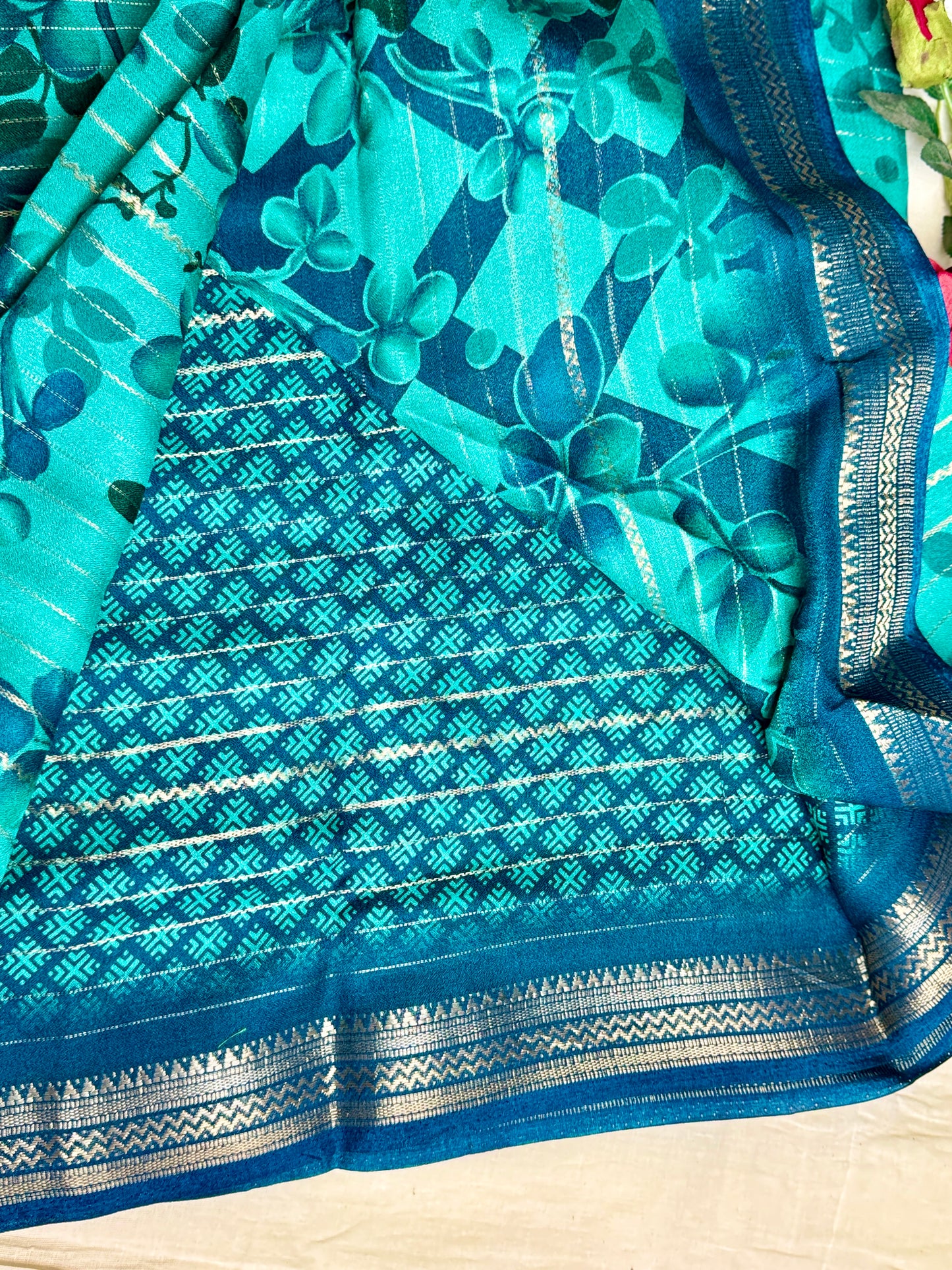 Blue Meena Silk Saree with Floral creepers