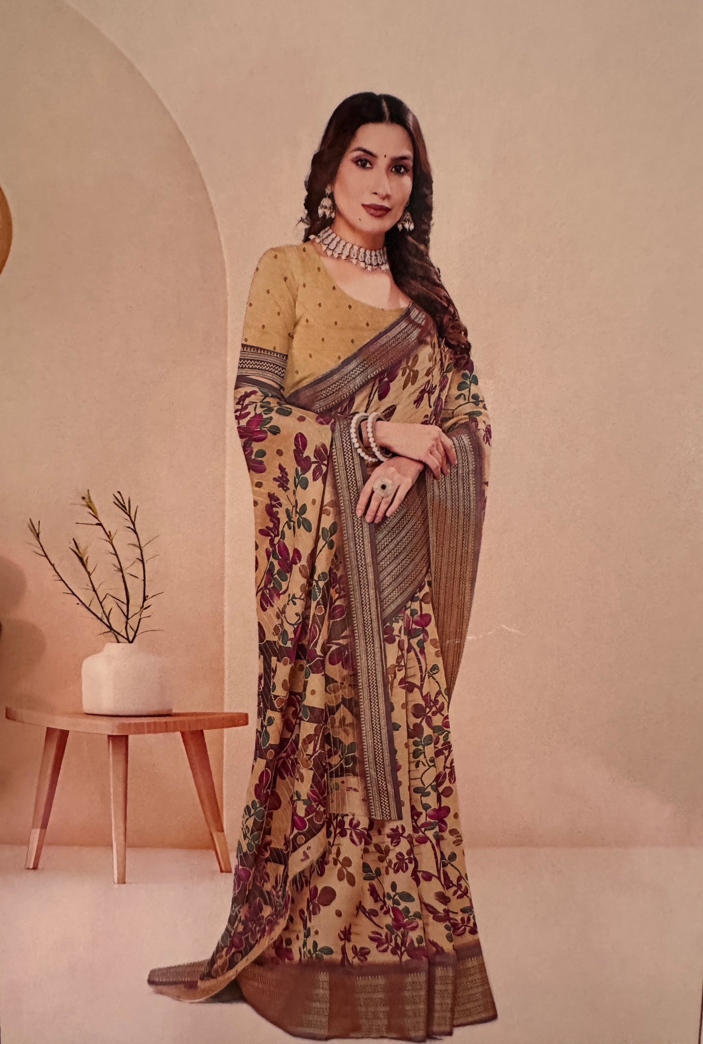Beige & Brown Meena Silk Saree with Floral creepers
