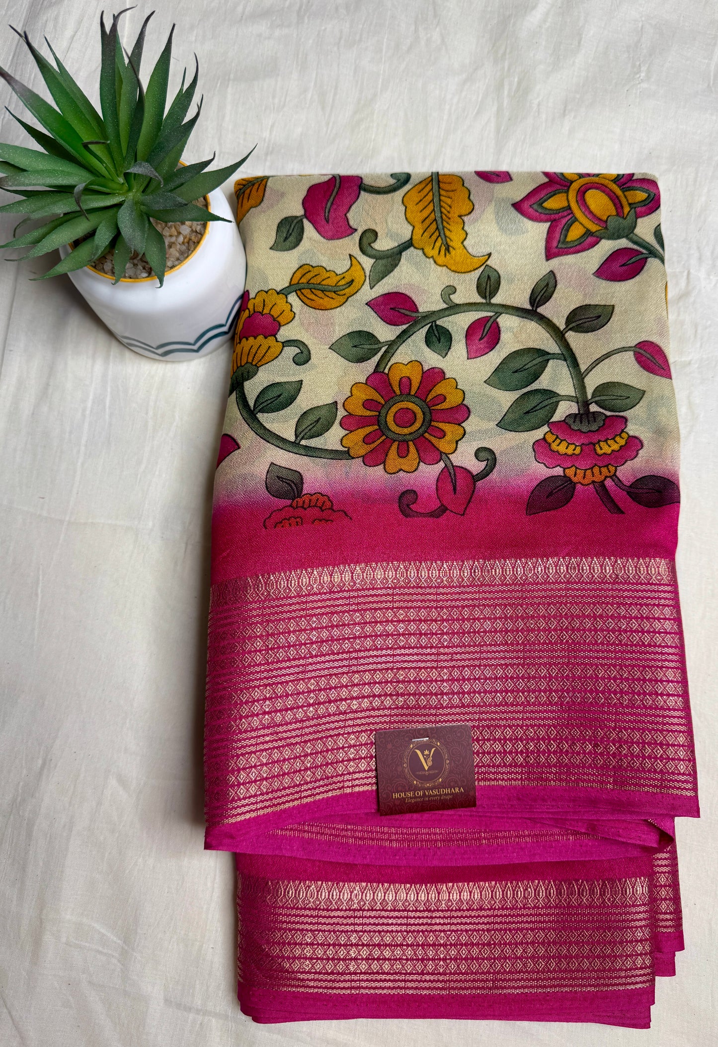 Off white & Pink Meena Silk Saree with Floral creepers