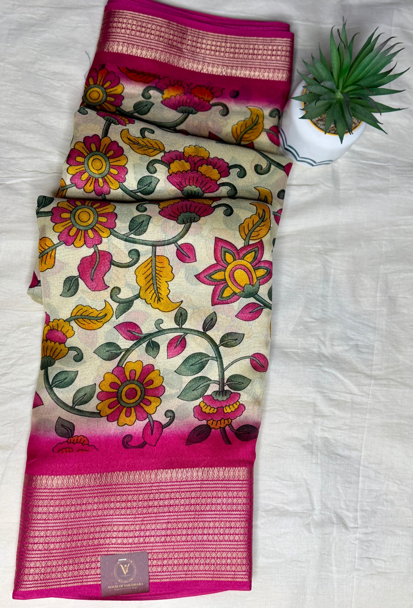 Off white & Pink Meena Silk Saree with Floral creepers