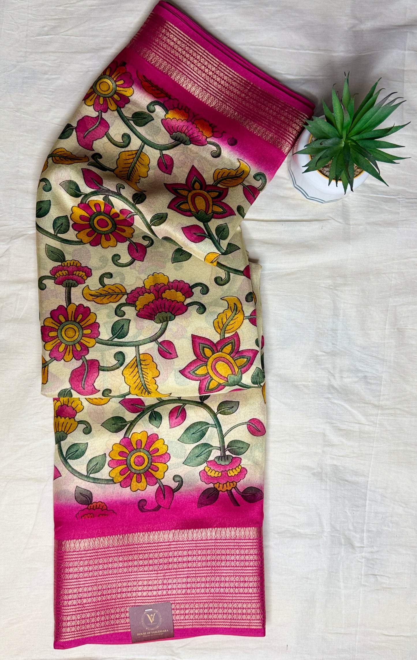 Off white & Pink Meena Silk Saree with Floral creepers