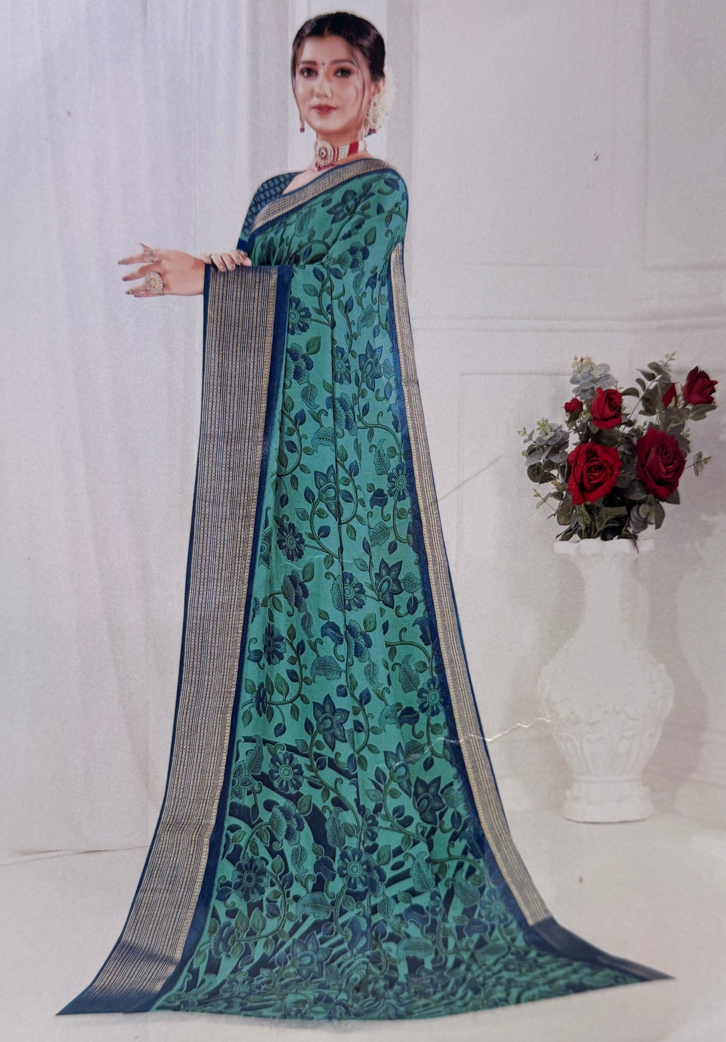 Sea green & Blue Meena Silk Saree with Floral creepers
