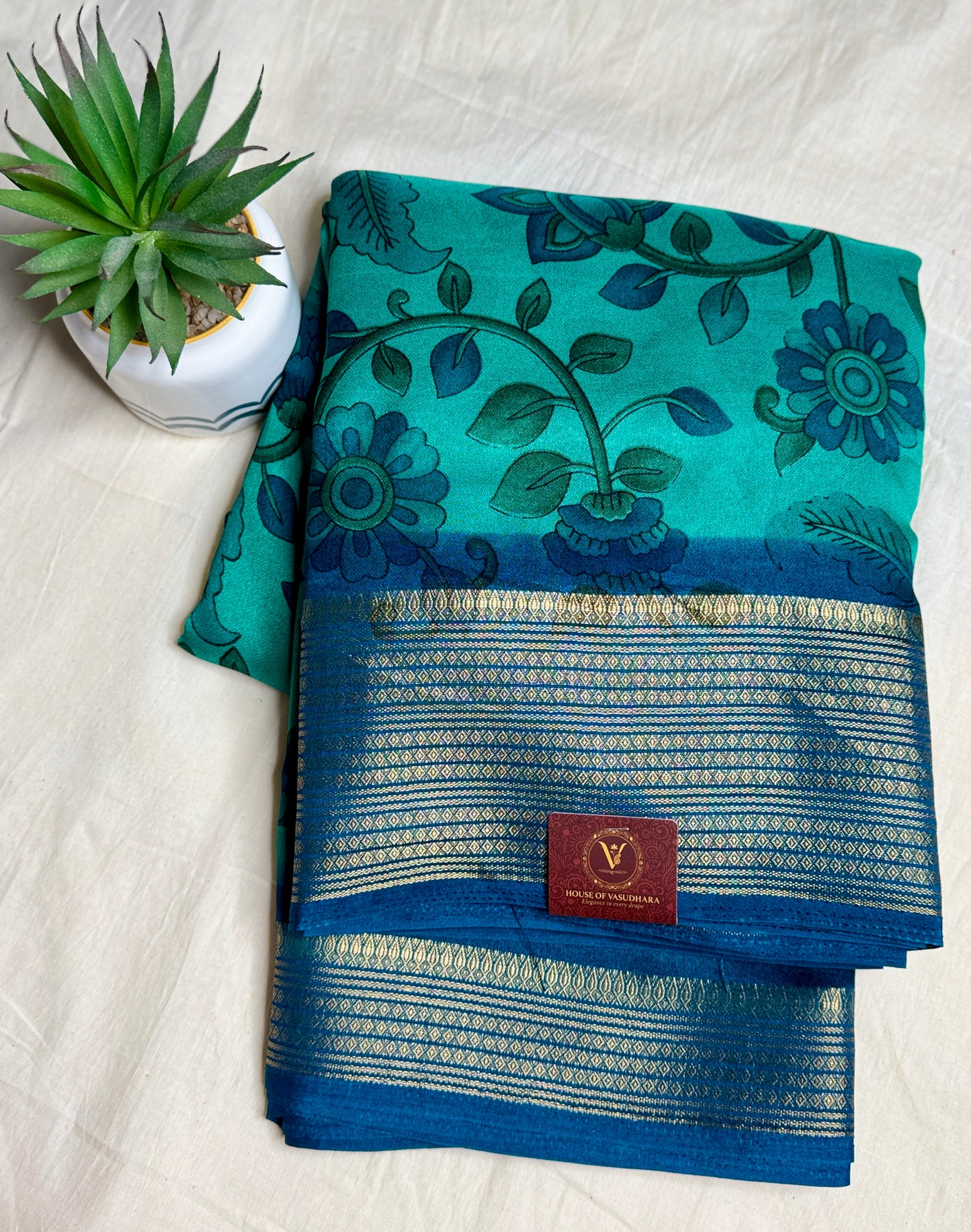 Blue Meena Silk Saree with Floral creepers