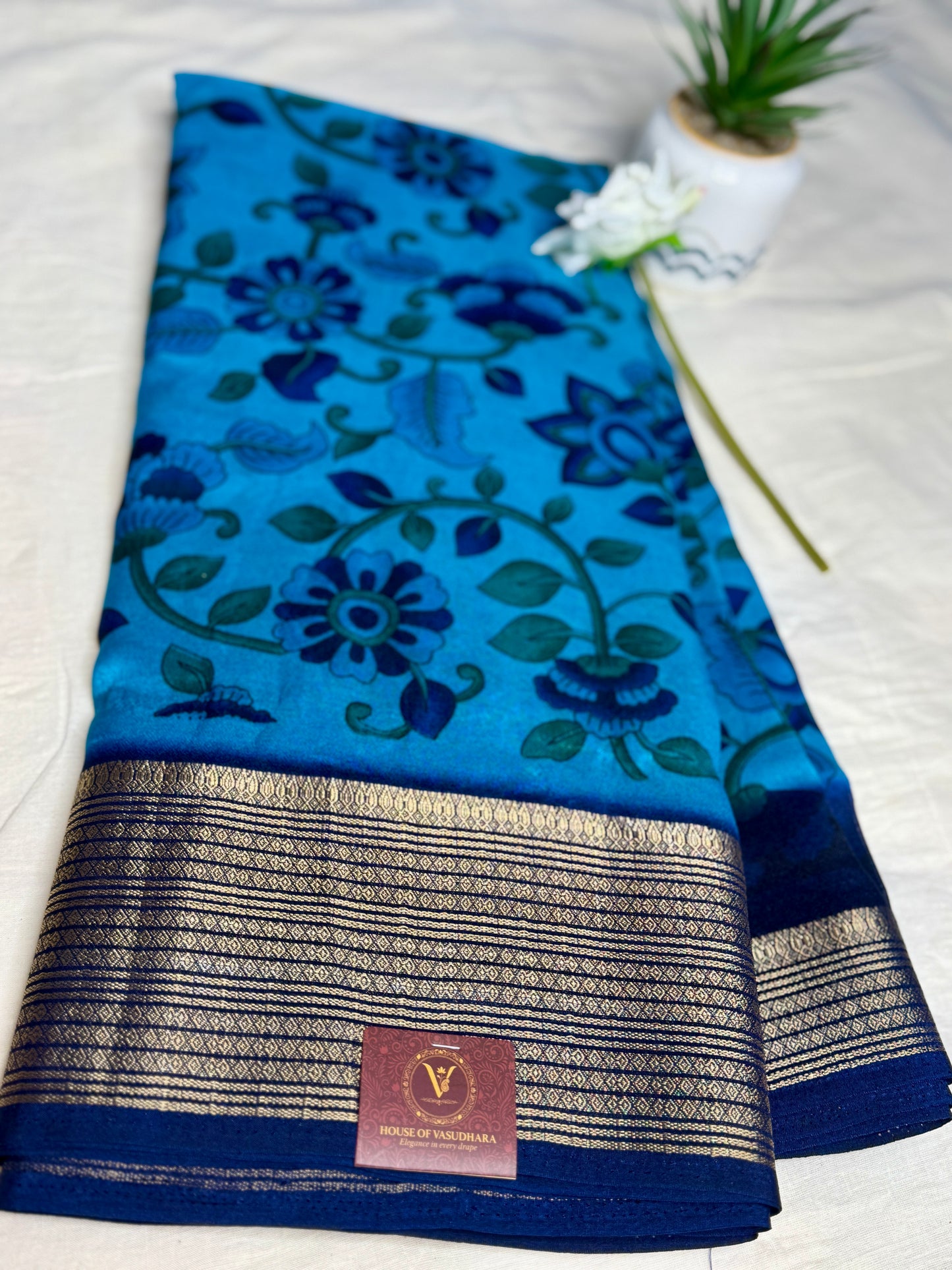 Blue & Navy blue Meena Silk Saree with Floral creepers