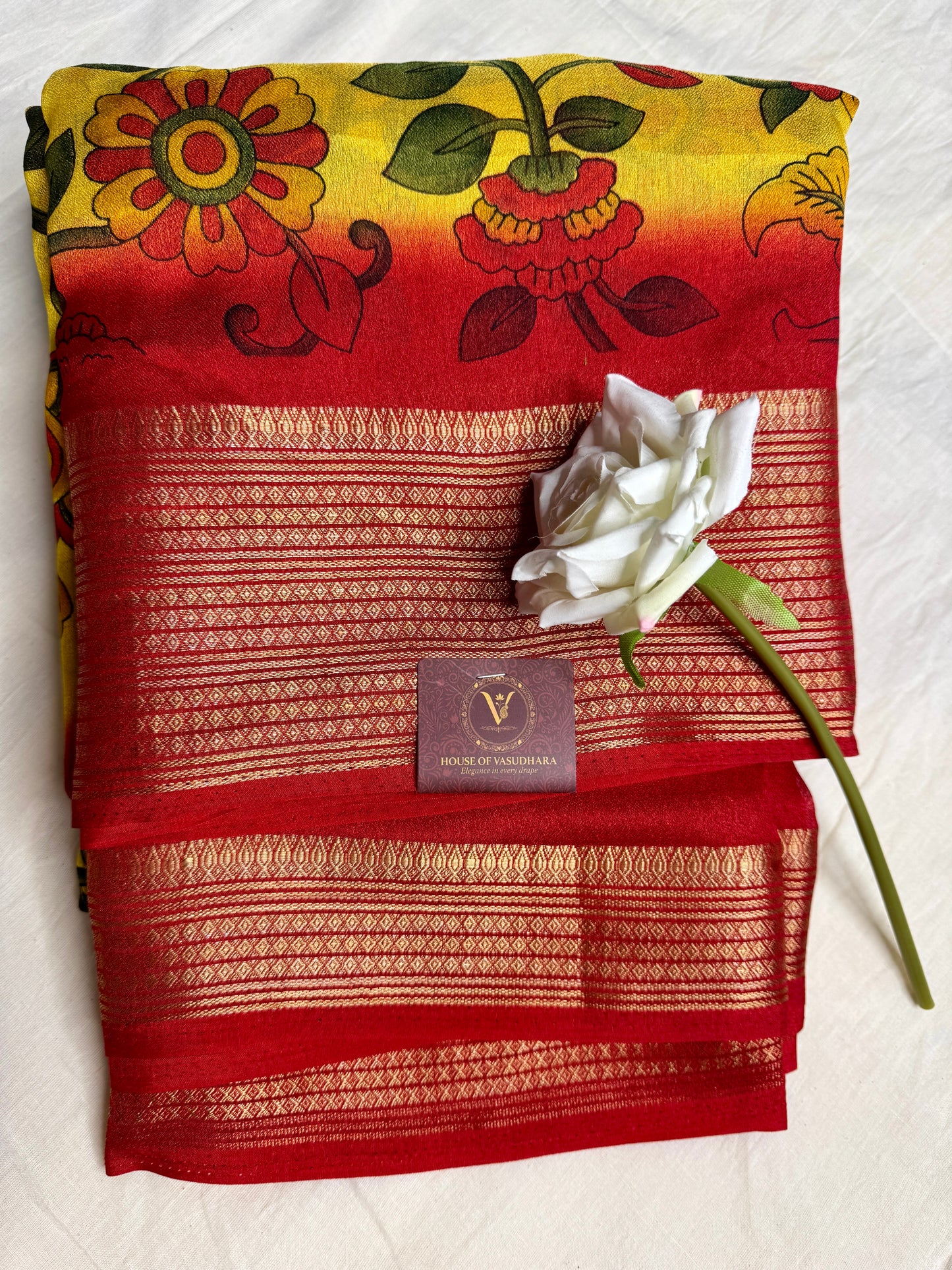 Yellow & Red Meena Silk Saree with Floral creepers