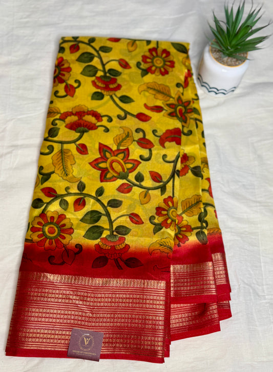 Yellow & Red Meena Silk Saree with Floral creepers