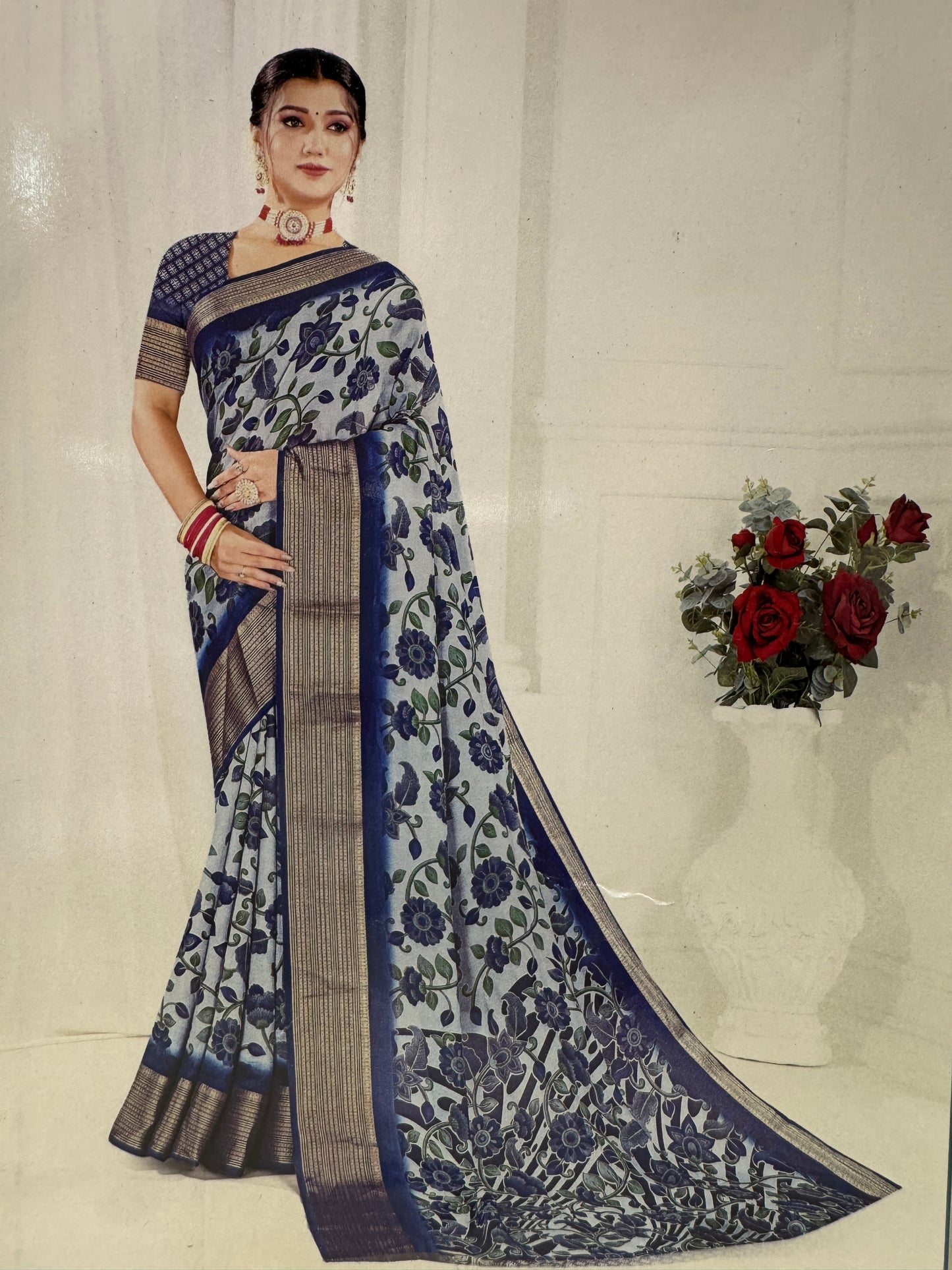 Light blue & Navy blue Meena Silk Saree with Floral creepers