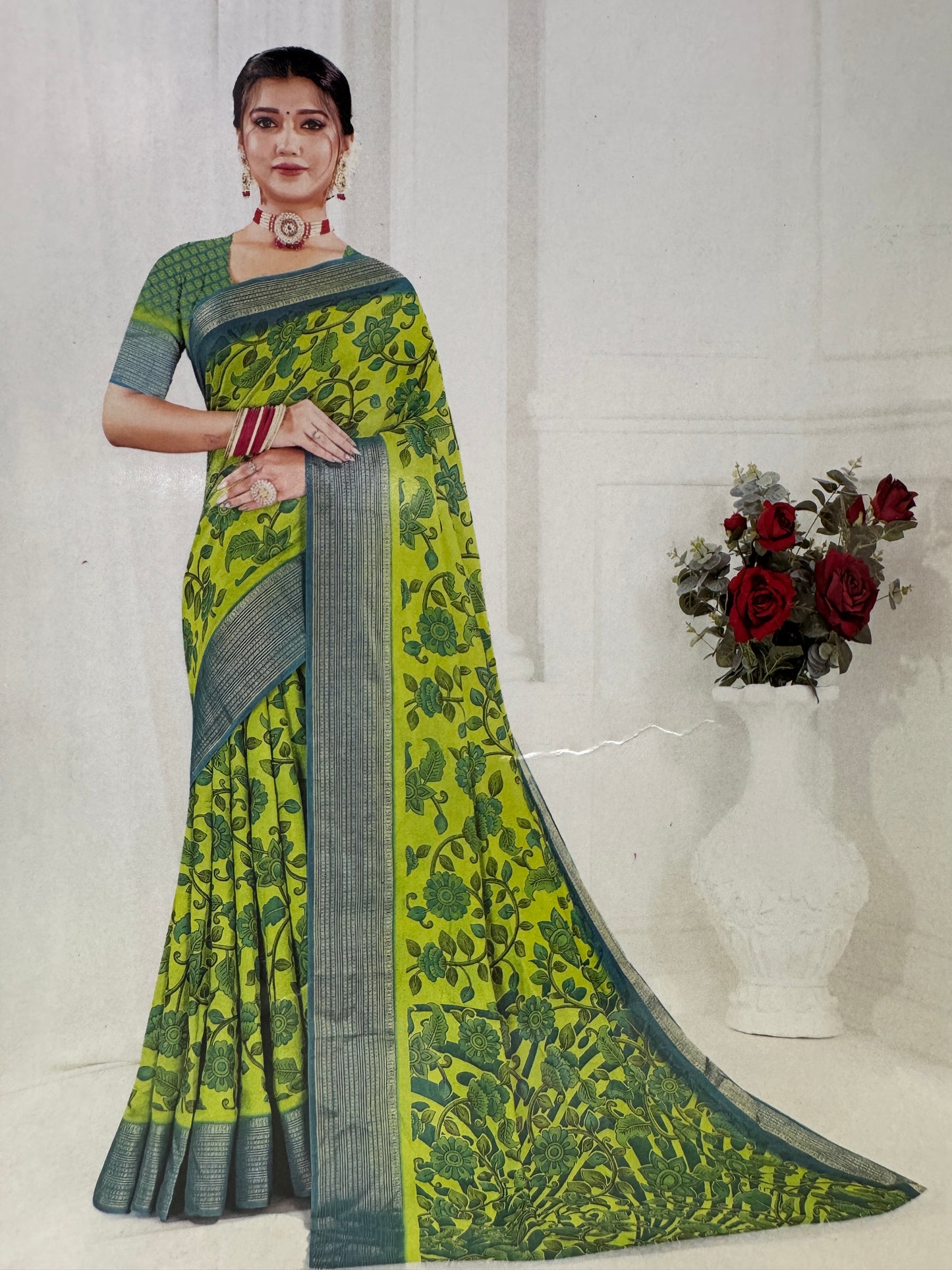 Green & Blue Meena Silk Saree with Floral creepers