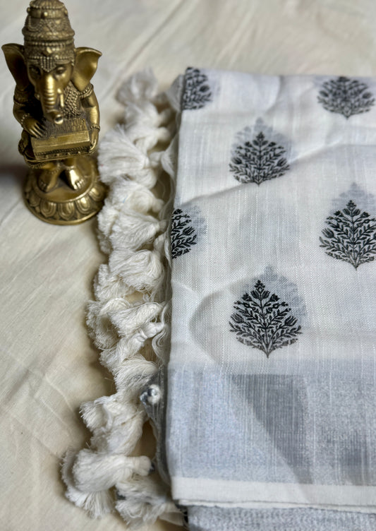 White & Black Hand block Linen Saree