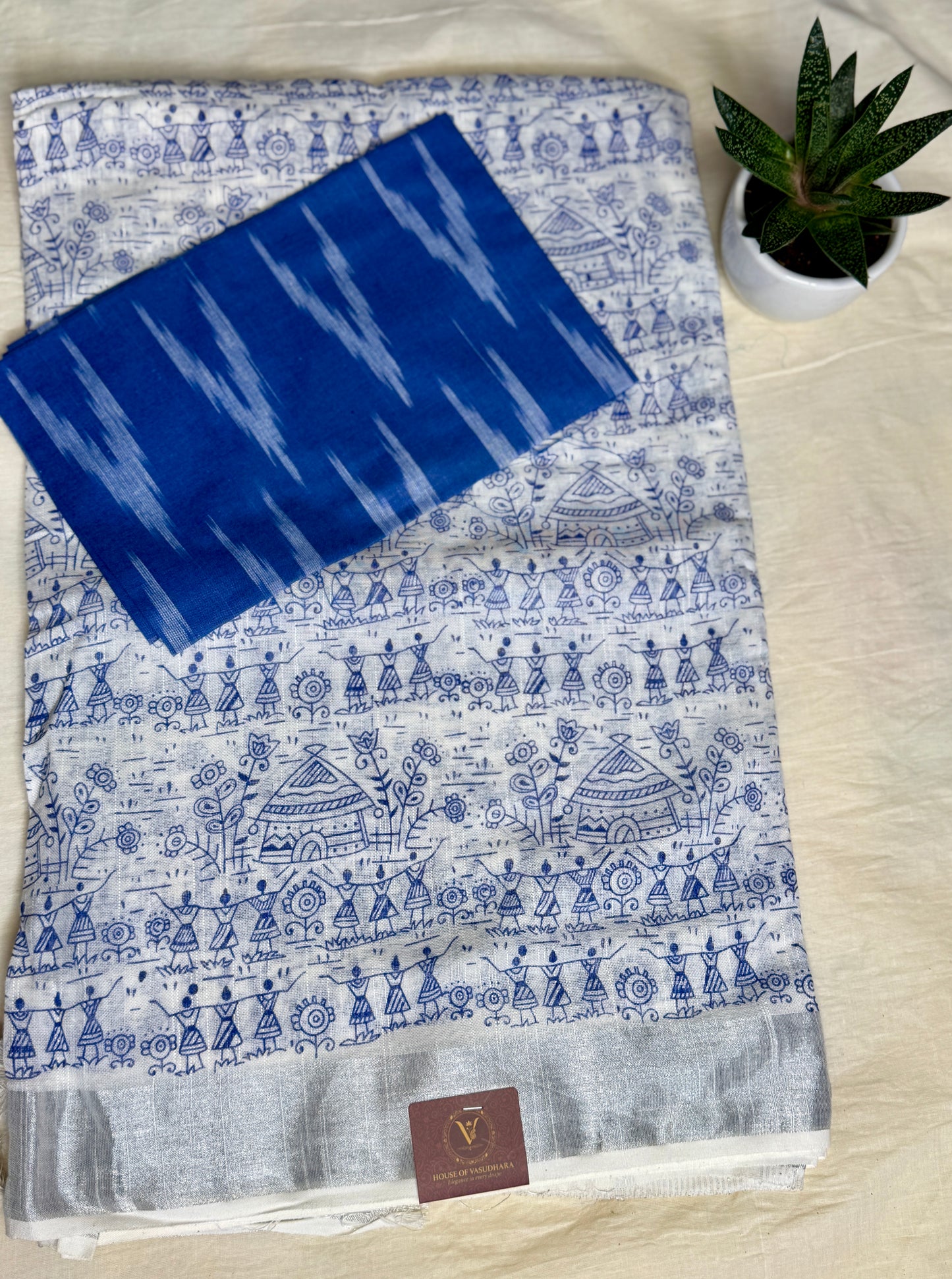 White & Blue Hand block Linen Saree