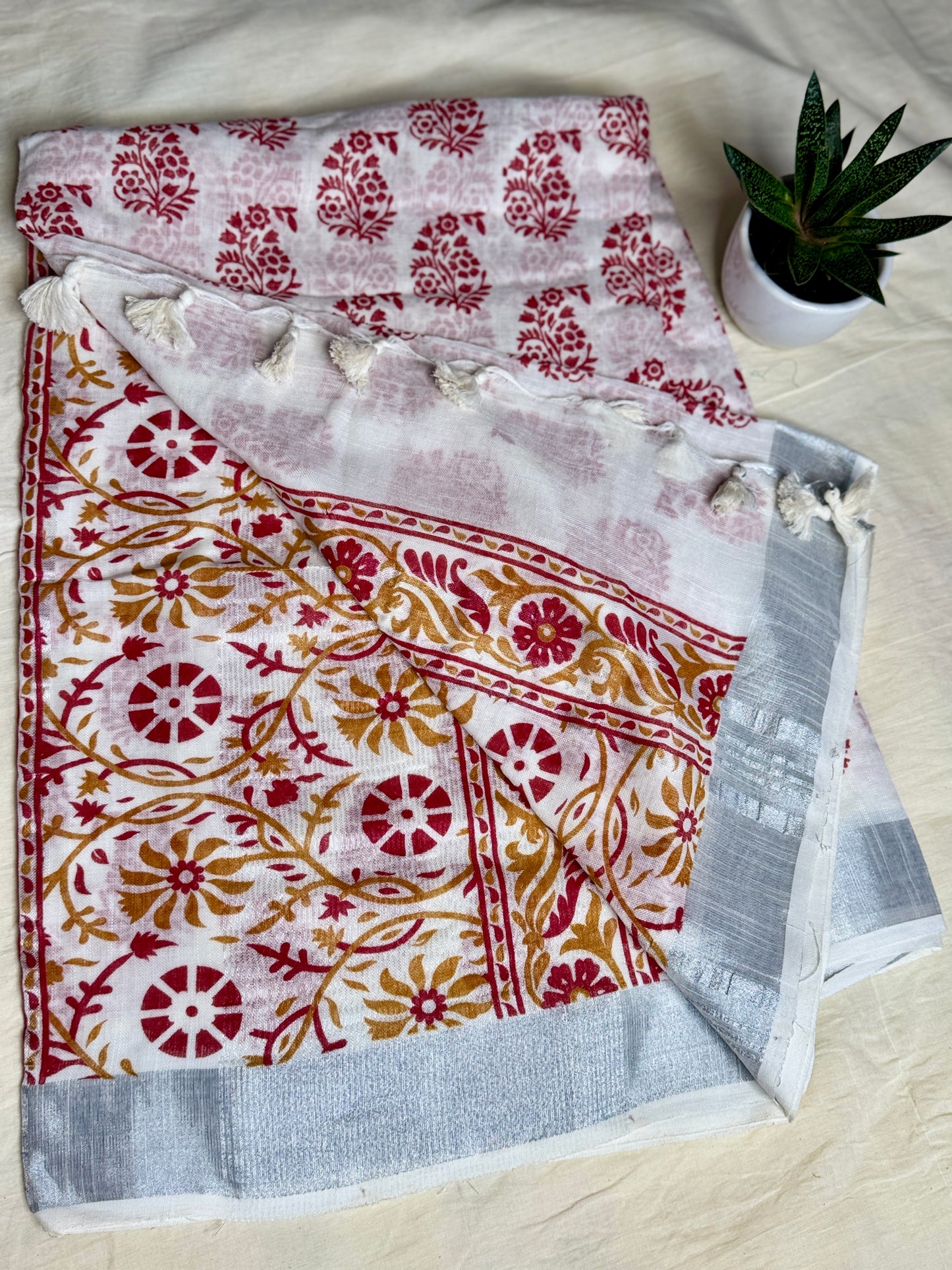 White & Maroon Hand block Linen Saree