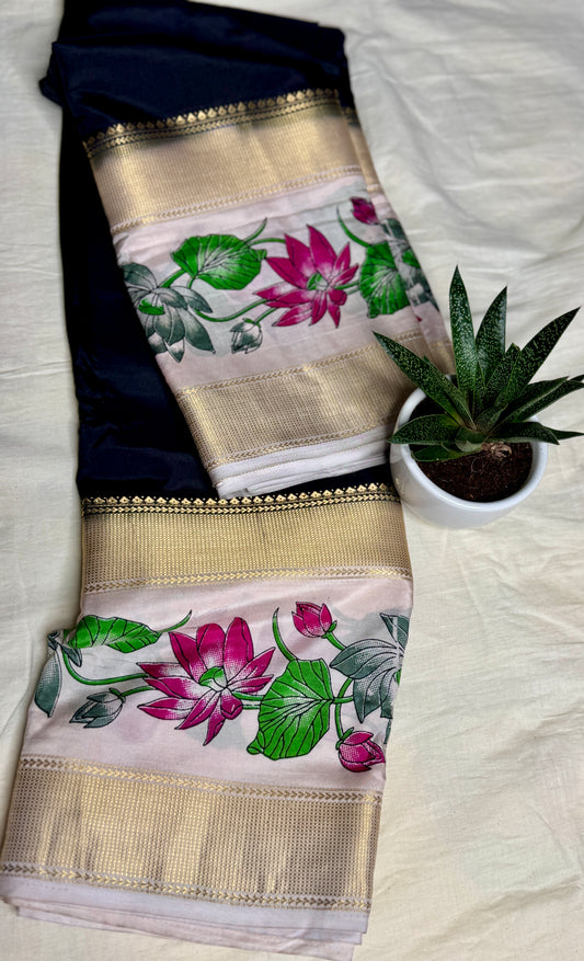 Black with Floral Bentex border Semi Crepe Saree