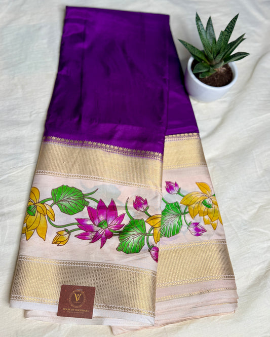 Navy Blue Semi Crepe Silk with Floral Bentex Border