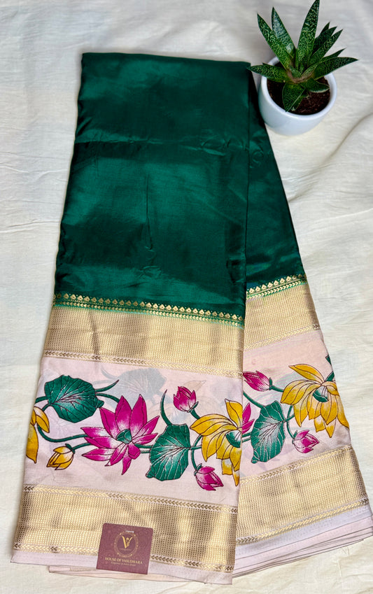 Bottle Green Semi Crepe Silk with Floral Bentex Border
