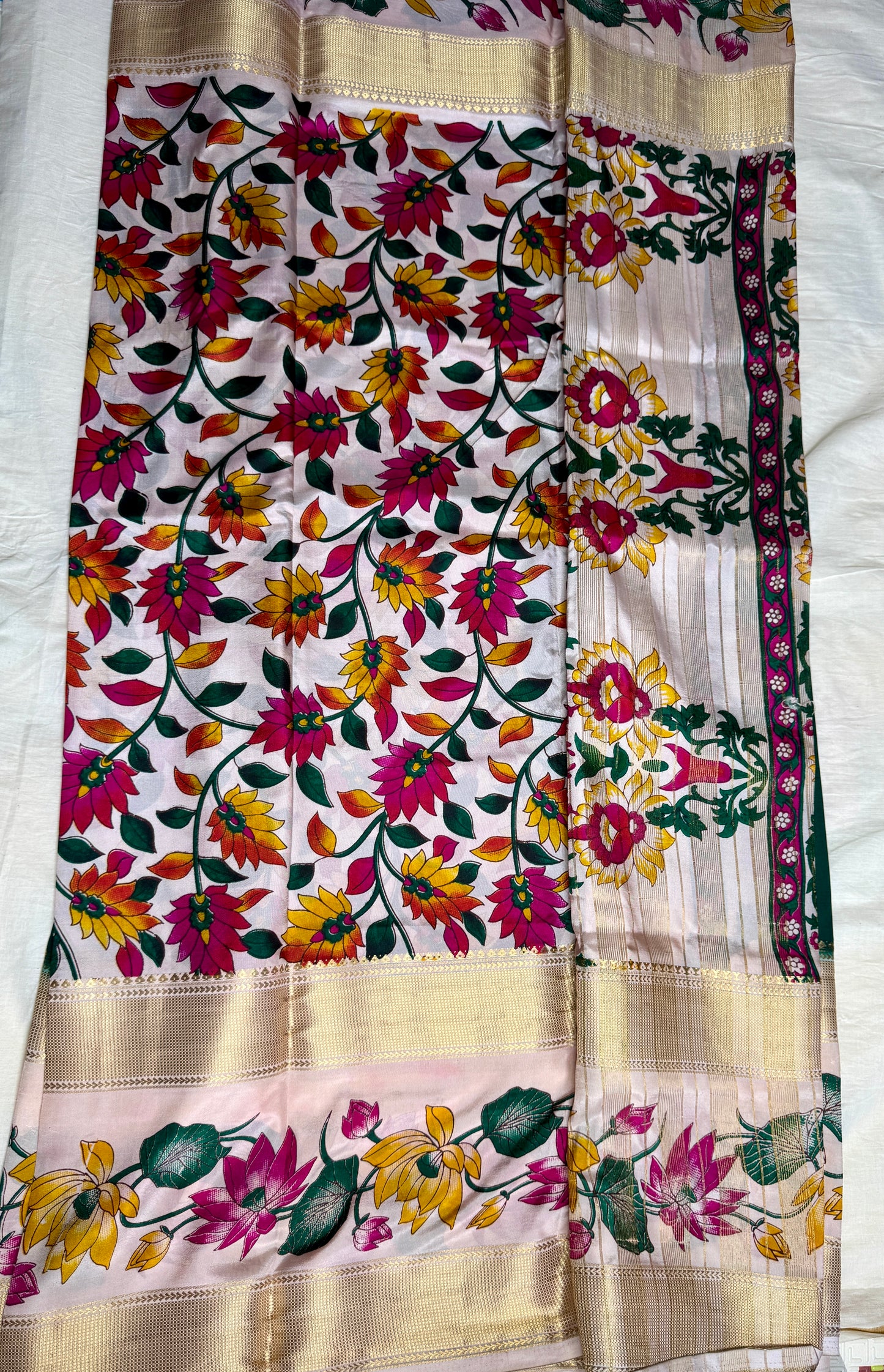 Bottle Green Semi Crepe Silk with Floral Bentex Border