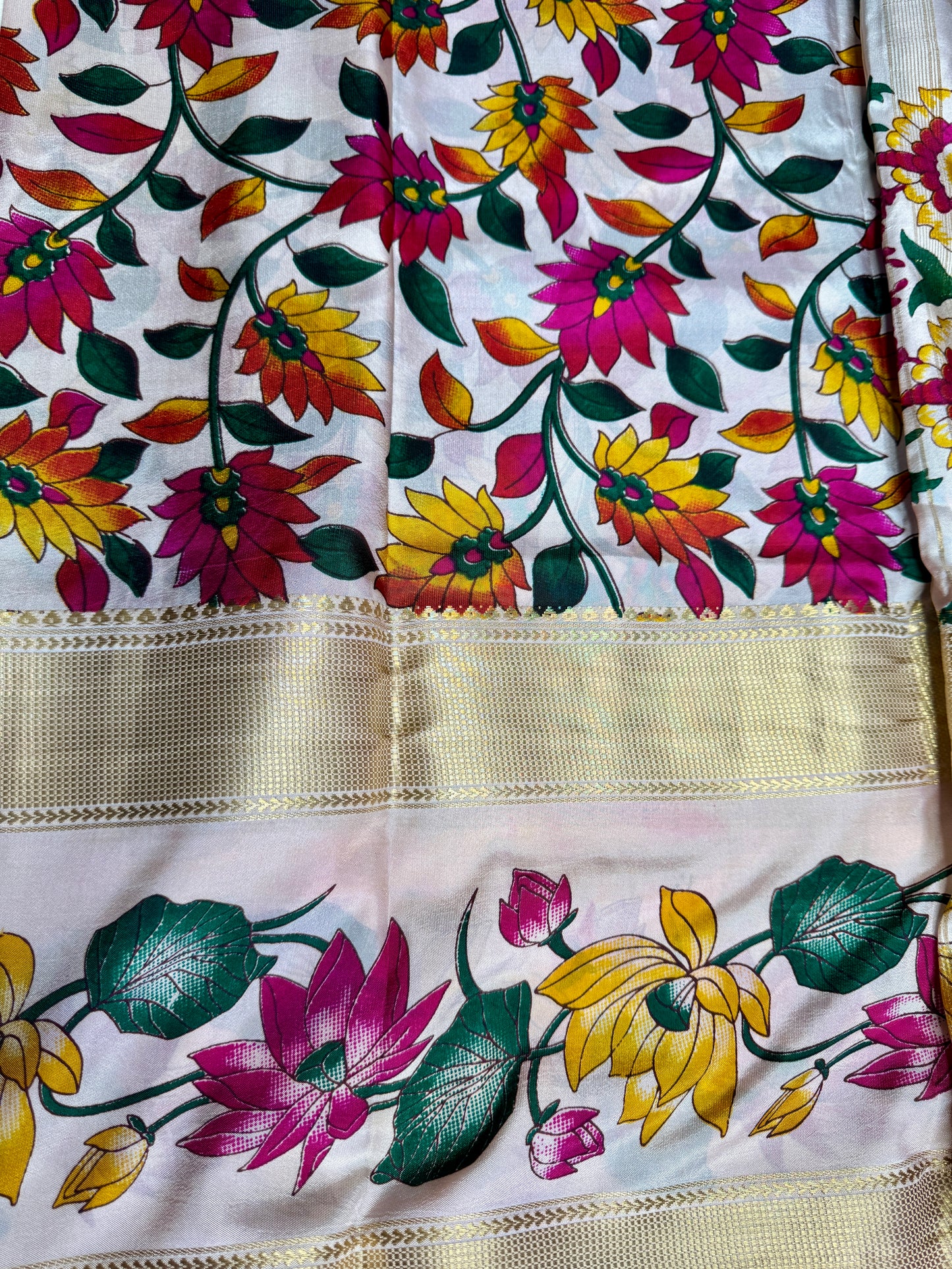 Bottle Green Semi Crepe Silk with Floral Bentex Border