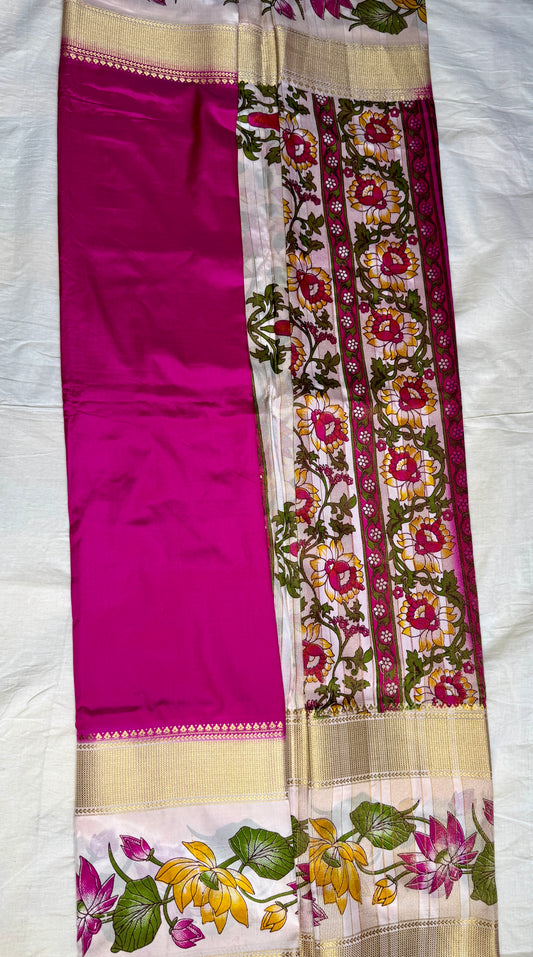 Rani Pink Semi Crepe Silk with Floral Bentex Border