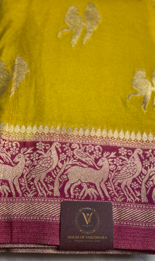 Mustard Yellow & Rani Pink Khadi Silk saree