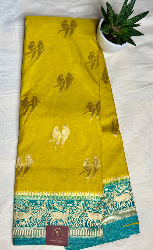 Mustard Yellow & Teal blue Khadi Silk saree