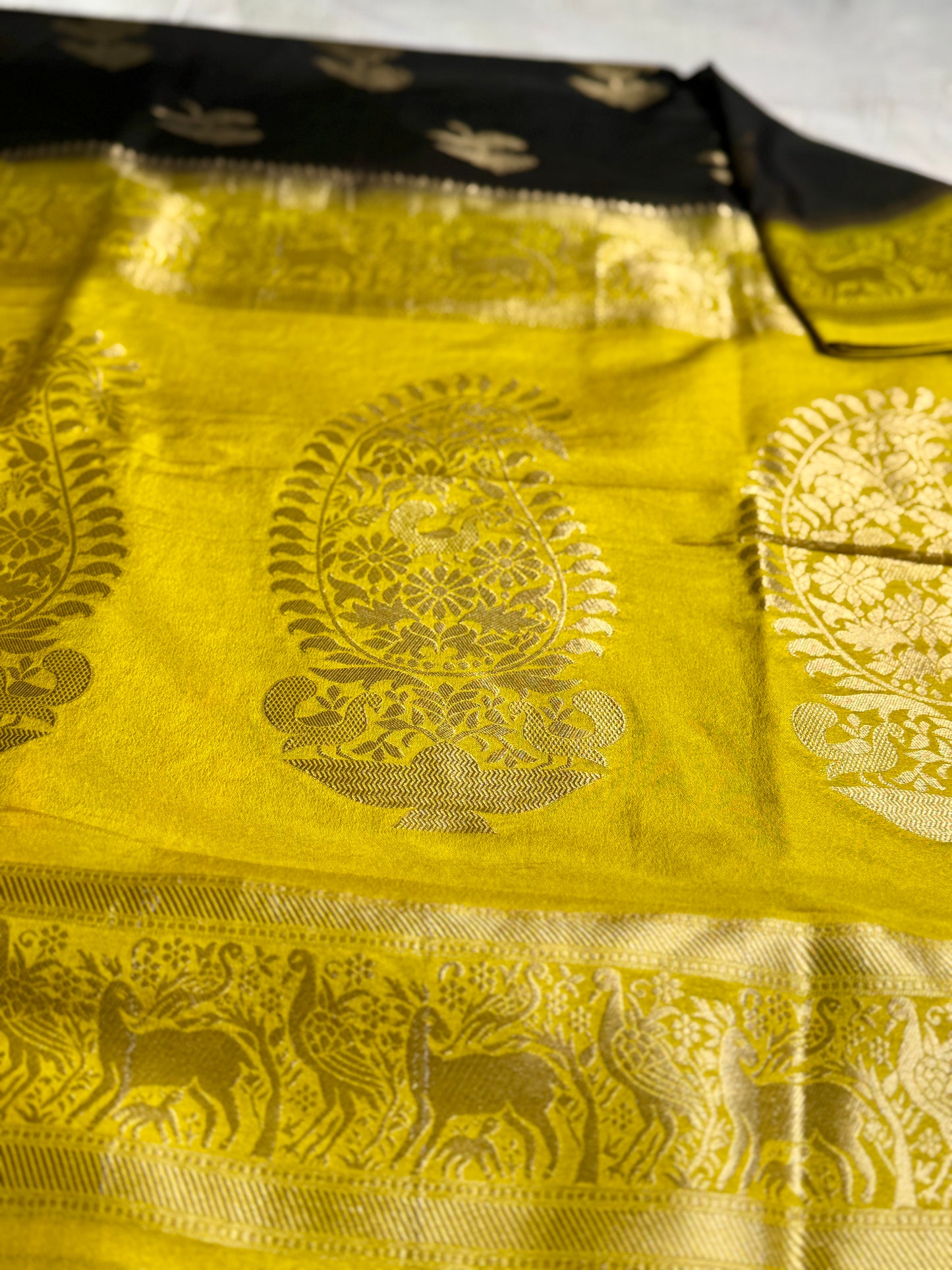 Black & Mustard Yellow Khadi Silk saree