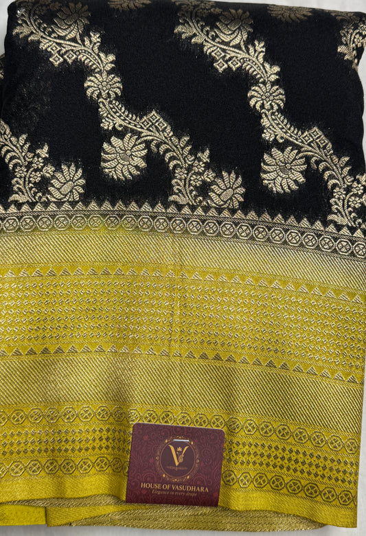 Black& Mustard Yellow Jaal pattern Khadi Silk saree