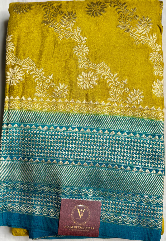 Mustard yellow & Teal blue Jaal pattern Khadi Silk saree