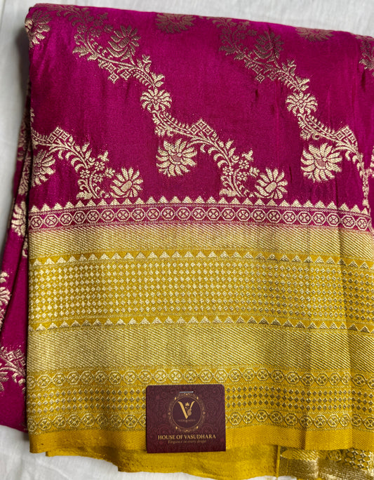 Rani Pink & Mustard yellow Jaal pattern Khadi Silk saree