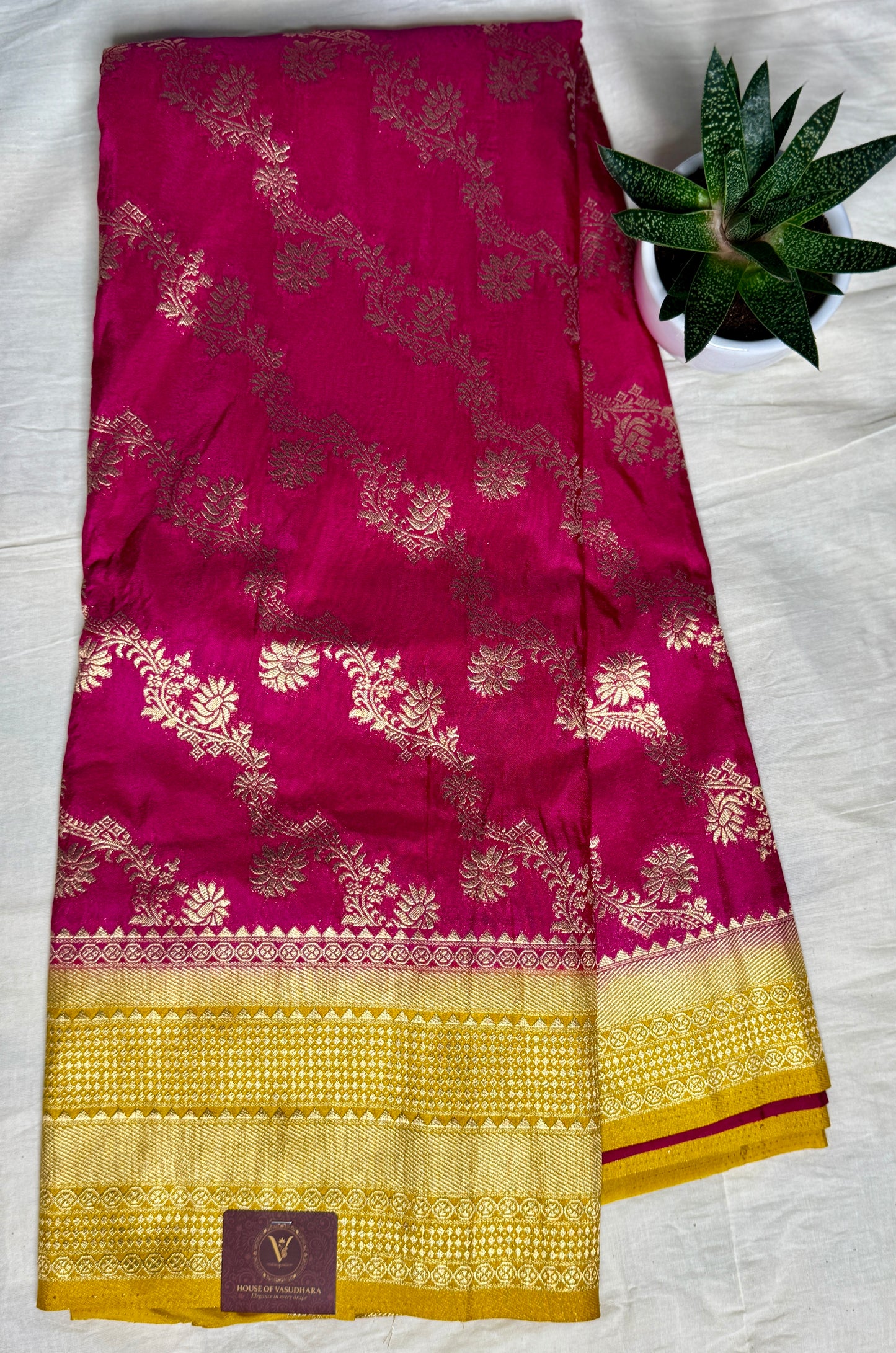 Rani Pink & Mustard yellow Jaal pattern Khadi Silk saree