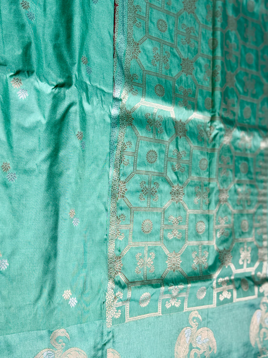 Teal green Satin silk saree with Flamingo Motifs