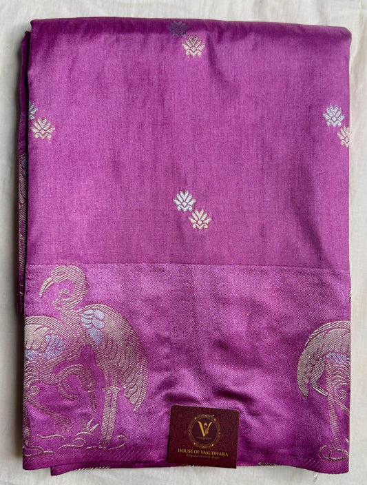 Purple Satin silk saree with Flamingo Motifs