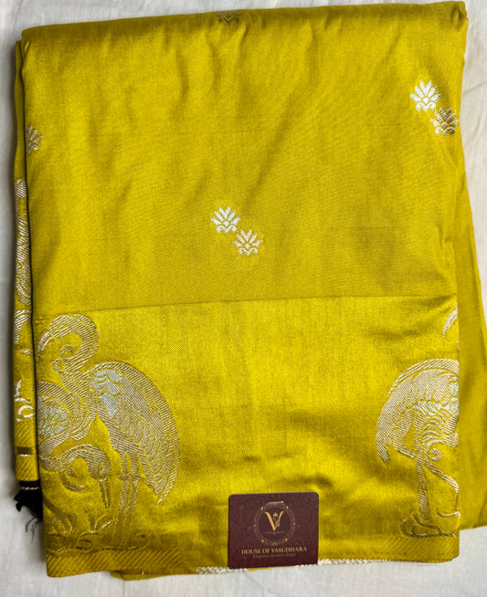 Gold Satin silk saree with Flamingo Border