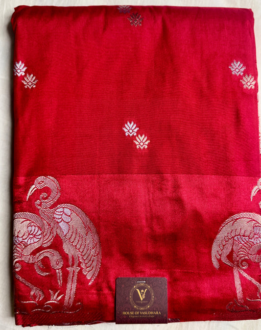 Red Satin silk saree with Flamingo Border
