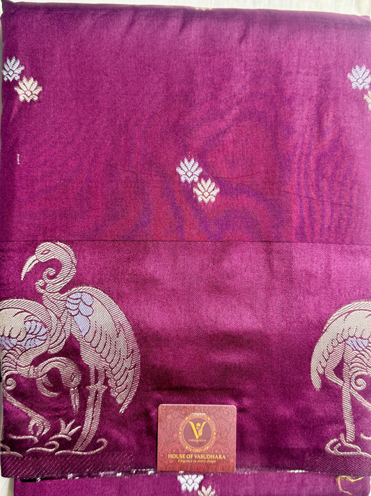 Magenta Satin silk saree with Flamingo border