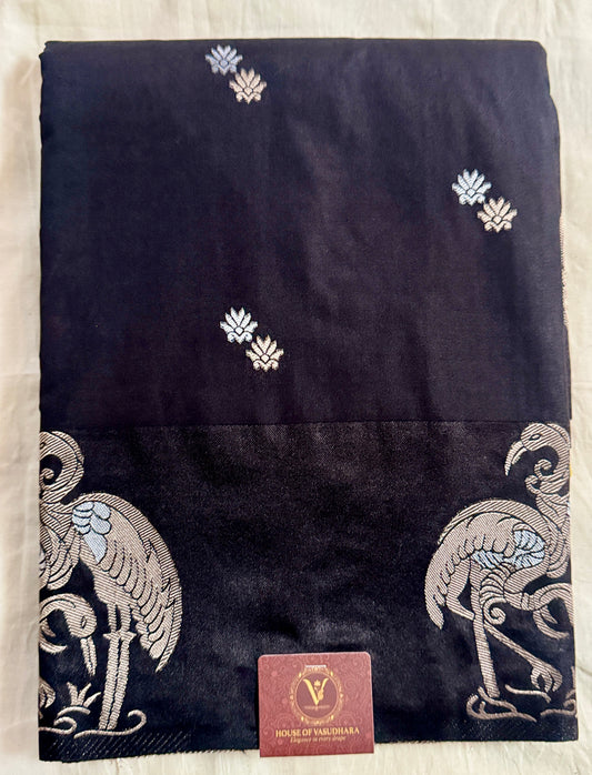 Black Satin silk saree with Flamingo Border