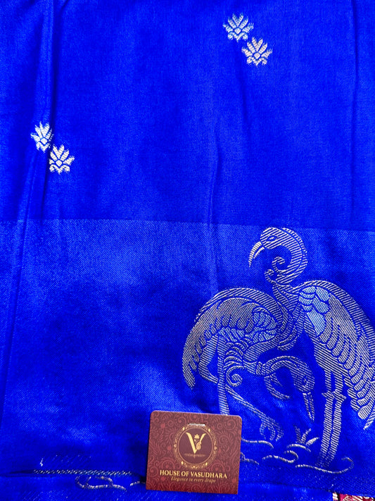 Royal Blue Satin silk saree with Flamingo Border