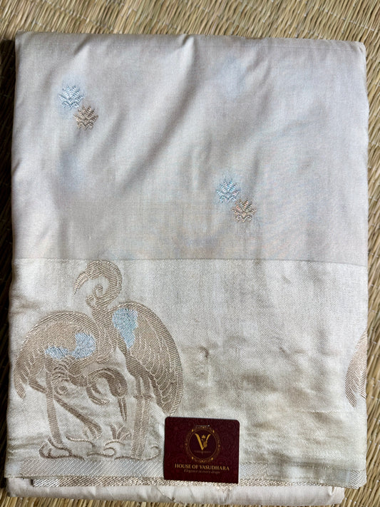 Off white Satin silk saree with Flamingo Border