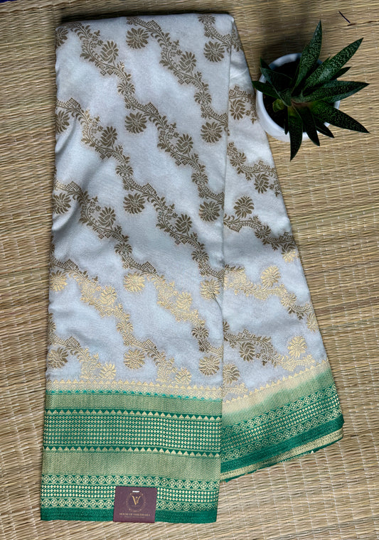 White & Green Jaal pattern Khadi Banarasi Silk saree
