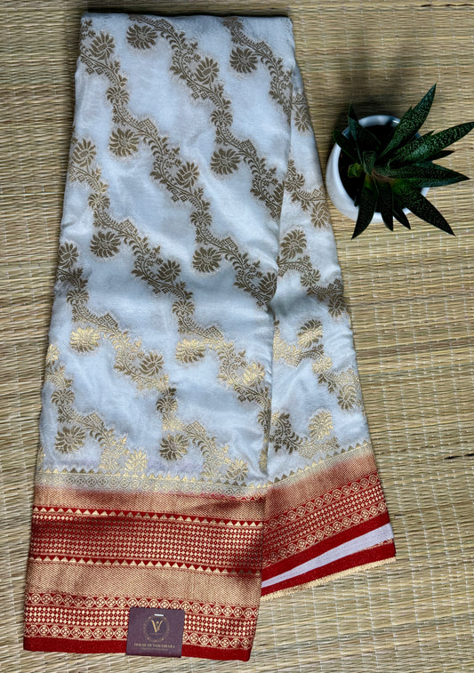 White & Red Jaal pattern Khadi Silk saree