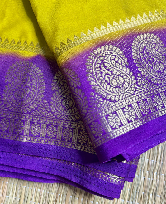 Mustard yellow & Purple contrast Semi Mysore silk crepe