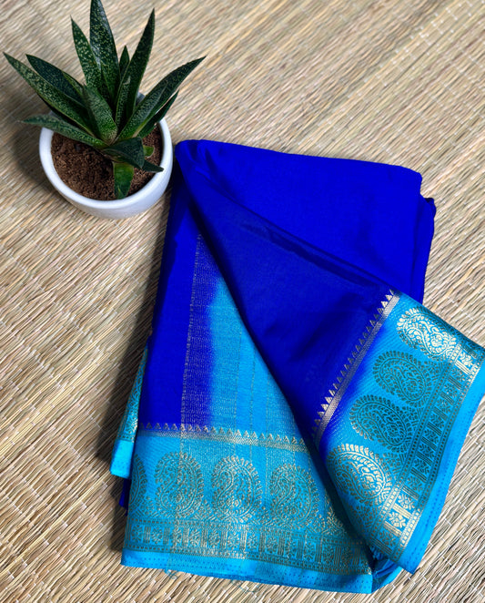 Royal blue & Turquoise blue contrast Semi Mysore silk crepe