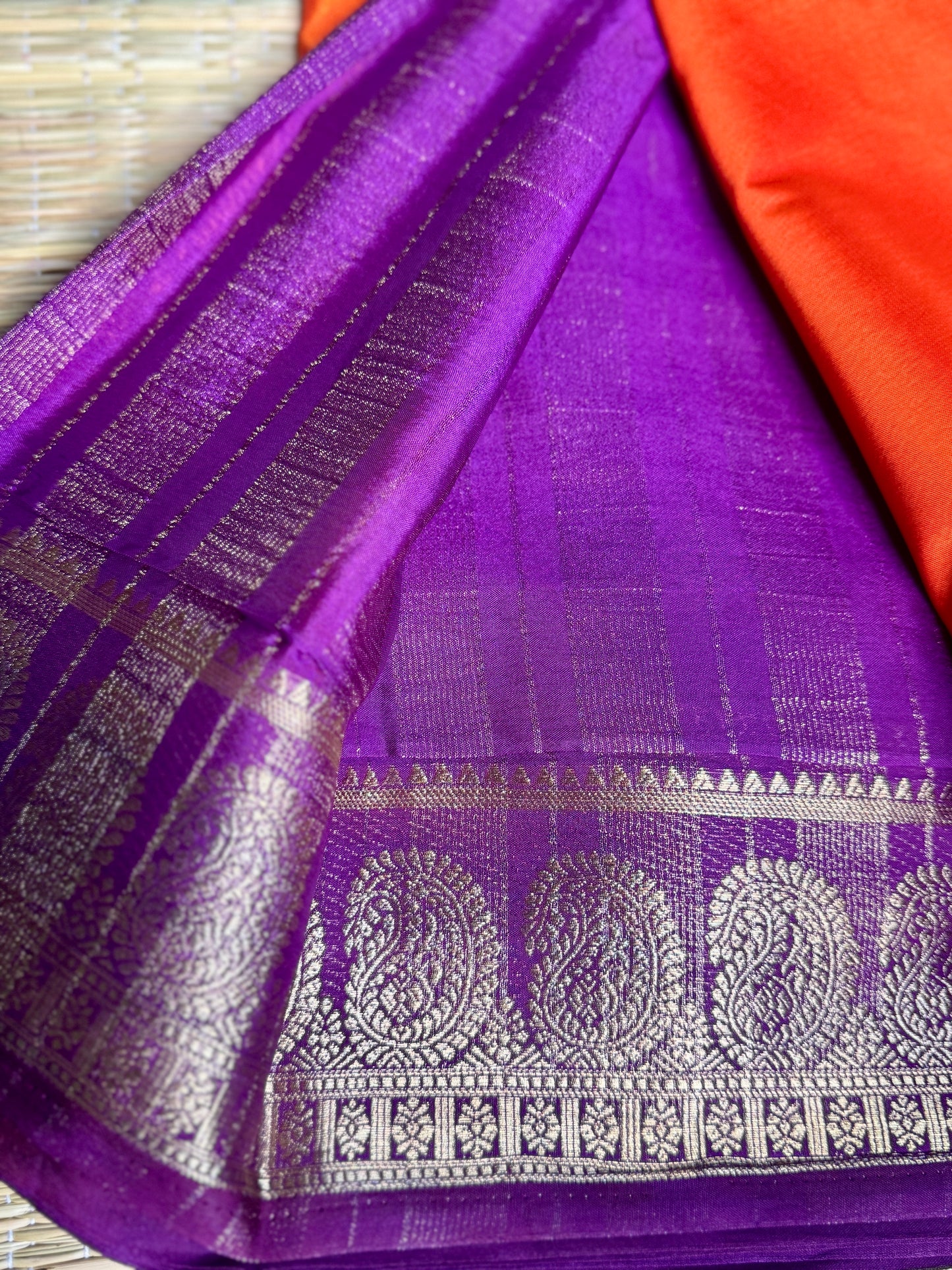Orange & Purple contrast Semi Mysore silk crepe