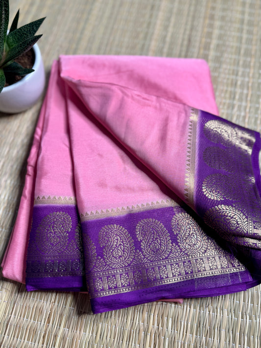 Baby Pink & Purple contrast Semi Mysore silk crepe