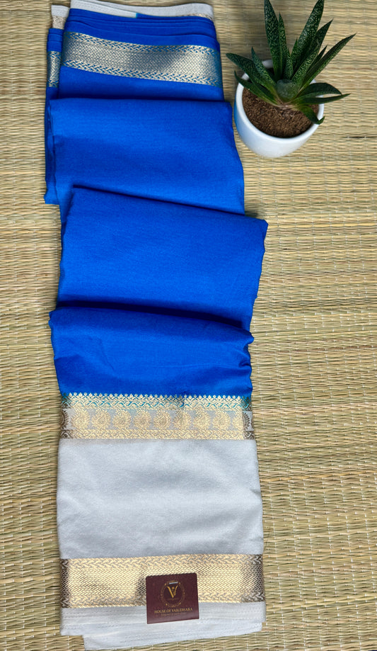Blue Semi Mysore silk crepe with Soft Cream Bentex border
