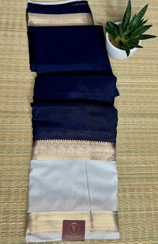 Navy Blue Semi Mysore silk crepe with Soft Cream Bentex border